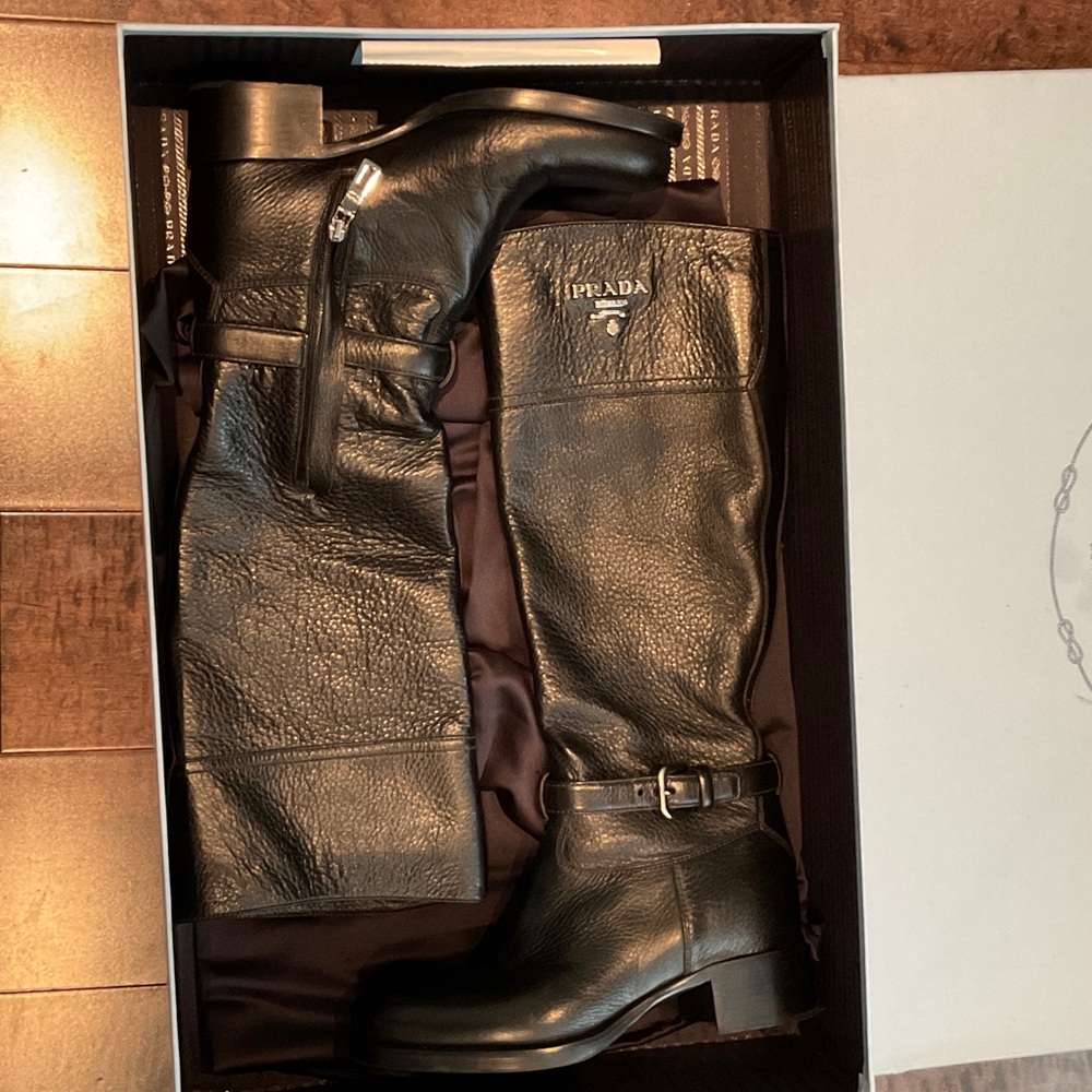 Prada Black Leather Riding Boots with Buckle & Zip
